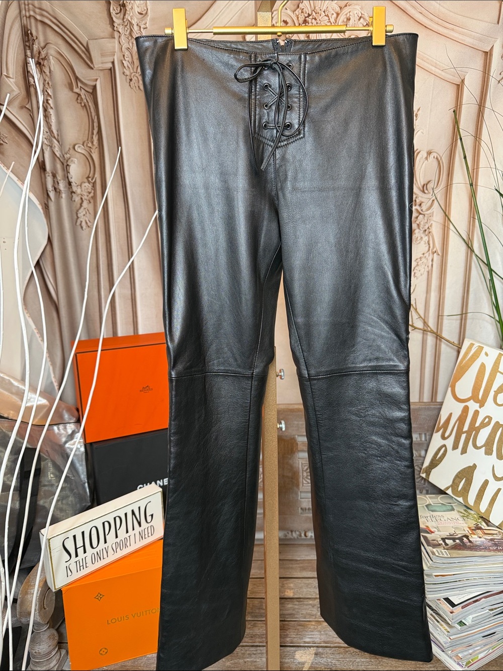 DEREK LAM 10 CROSBY- Black Leather Lace-Up Trousers with side embroidery